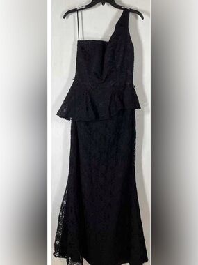Mori Lee Black One-Shoulder Lace Peplum Gown